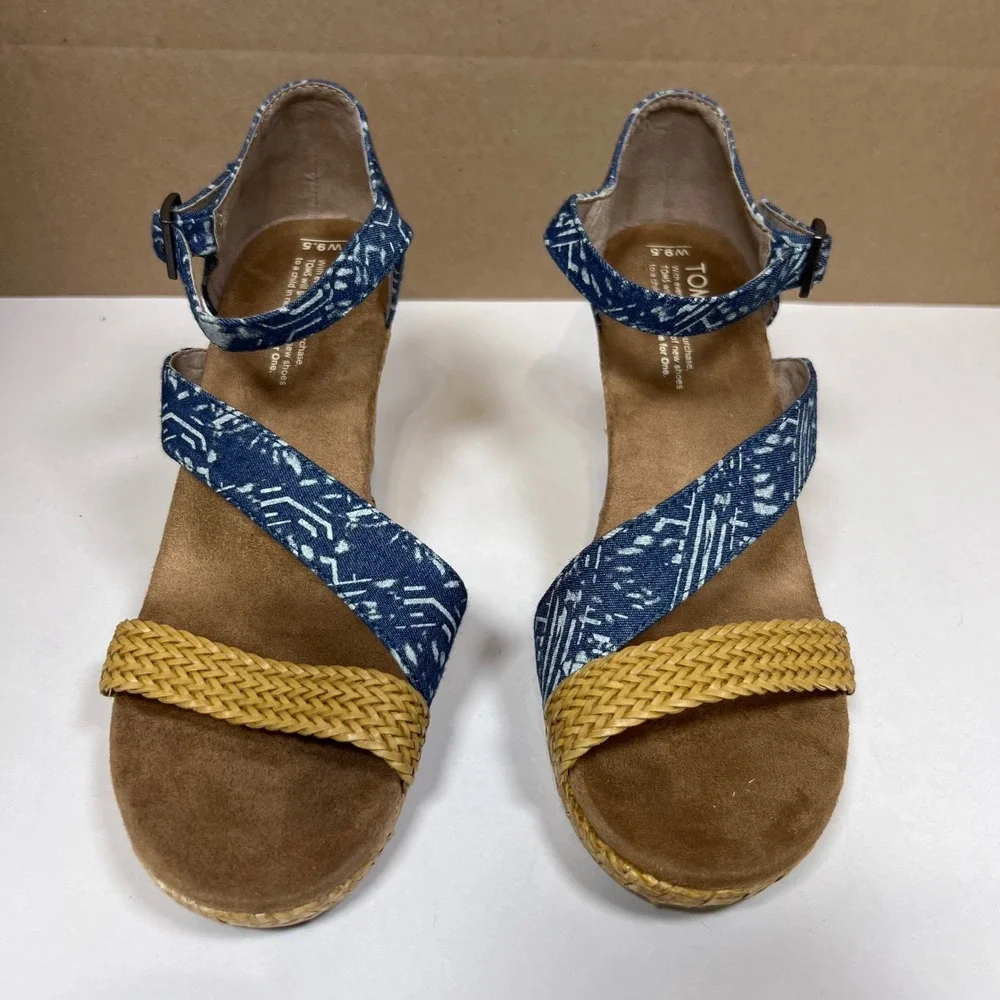 TOMS Blue Geometric Print Woven Straw Wedge Sandals‎ Womens 9.5